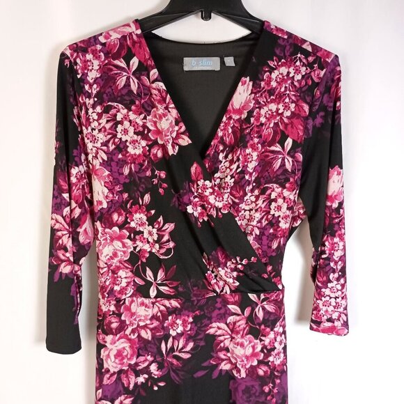 NY Collection B-Slim A-Line Floral Midi Dress XL Black Pink Tie Back Flattering - Picture 3 of 8